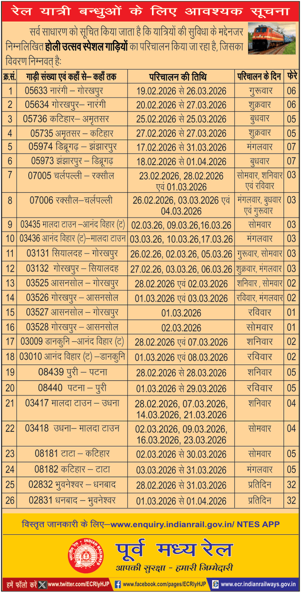 ECRlyHJP's tweet photo. कृपया ध्यान दें!

रेलयात्रियों की सुविधा के लिए आगामी होली पर्व के दौरान होली विशेष रेलगाड़ियों का परिचालन ।
#HoliSpecialTrains https://t.co/bIc9O2eq0N