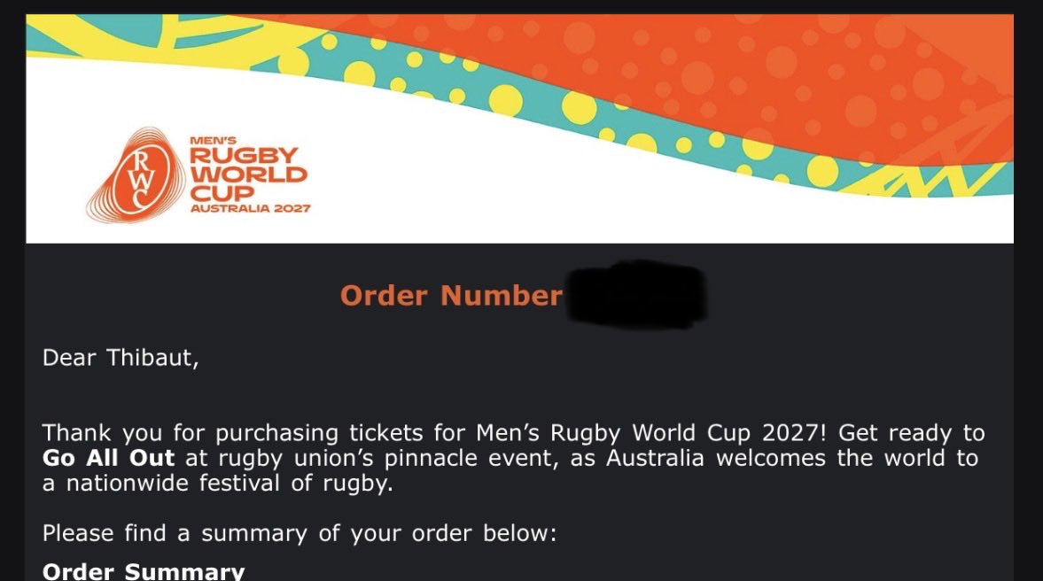 Titibobo17's tweet photo. @rugbyworldcup Took a nap between 2 and 7 am (French time). I clicked on ‘notify me when it's my turn’ and sure enough, I received an email that woke me up. And boom, the tickets are here! (not everything I wanted was left, but we'll get there!)
Good luck to everyone! (It is still a huge joke) https://t.co/WXKG3f4m7Q
