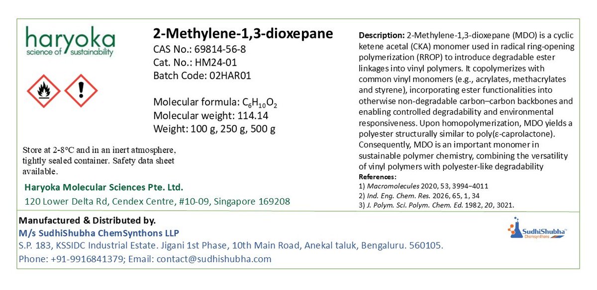 gshivashimpi77's tweet photo. New Product Launch! 
2-Methylene-1,3-dioxepane [CAS: 69814-56-8], a cyclic ketene acetal (CKA) monomer, owned by Haryoka Molecular Sciences Pvt. Ltd.​ https://t.co/0Rj0Vww4t8, manufactured and distributed by https://t.co/WVLWj36flq in Indian Market. 
#cka  #monomer #chemicals https://t.co/noVYxjFRf6