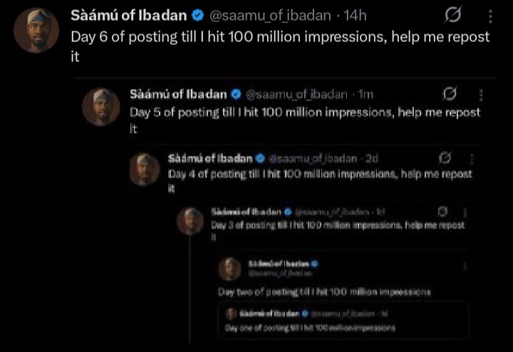 saamu_of_ibadan's tweet photo. Day 7 of posting till I hit 100 million impressions, help me repost it https://t.co/YWGGKUXjlx