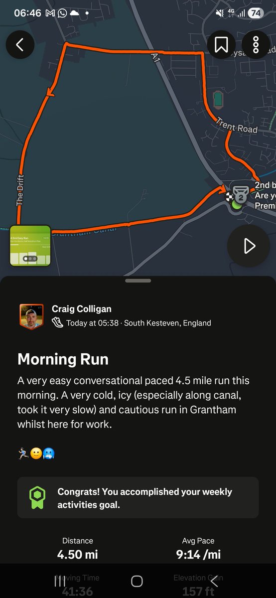 CraigRGNDem's tweet photo. A very easy conversational paced 4.5 mile run this morning. A very cold, icy (especially along canal, took it very slow) and cautious run in Grantham whilst here for work. 

🏃🏻‍♂️🙂🥶

#Icy #Running #Grantham #Strava #CanalRunning #Trails @UKRunChat https://t.co/VKu4KhqqtC