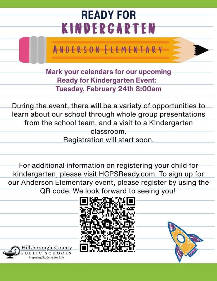 Anderson's Ready for Kindergarten event is Tues., Feb. 24 at 8am in media center. See the flyer below for information on how to register to attend! 🦅📚😊