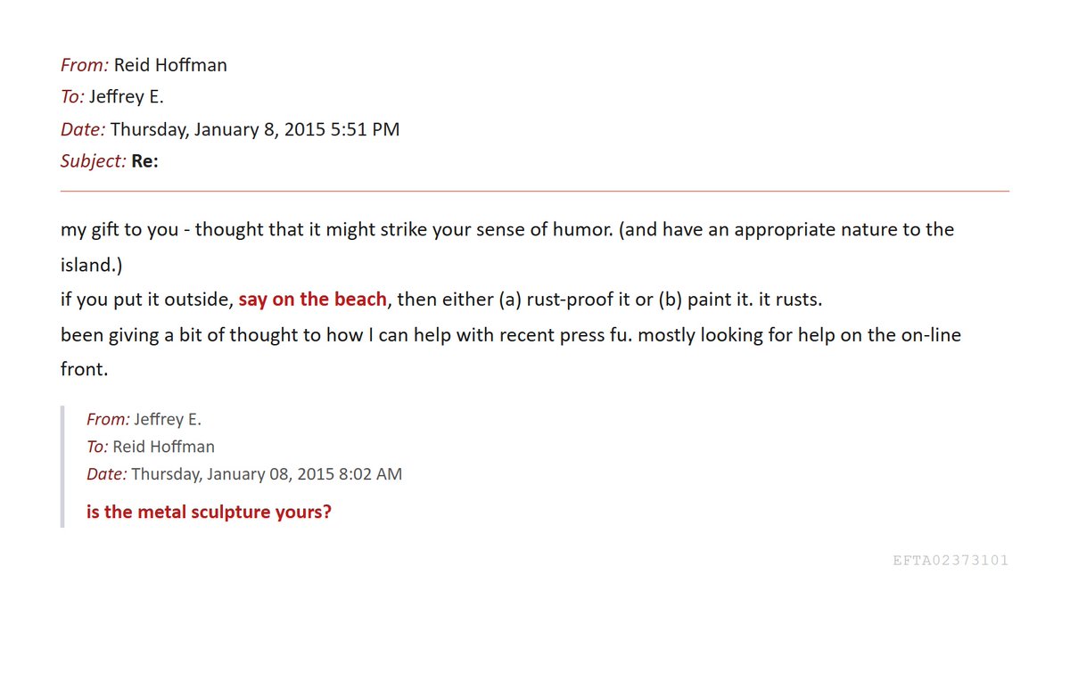 The craziest part of this thread is where Hoffman offers to help manage press coverage about Epstein's sex offenses.

Yes, Hoffman was offering to help Epstein with the... uhhh, bad PR.

Hoffman says he barely knew Epstein.🤣

[EFTA02373101]

Link: justice.gov/epstein/files/…