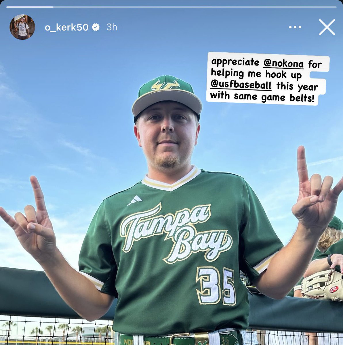 ArcainiLuke's tweet photo. Orion Kerkering teamed up with @NokonaBaseball to hook the entire USF Baseball team, his former school, with new game belts๐ฅ https://t.co/l2TXszRhtz