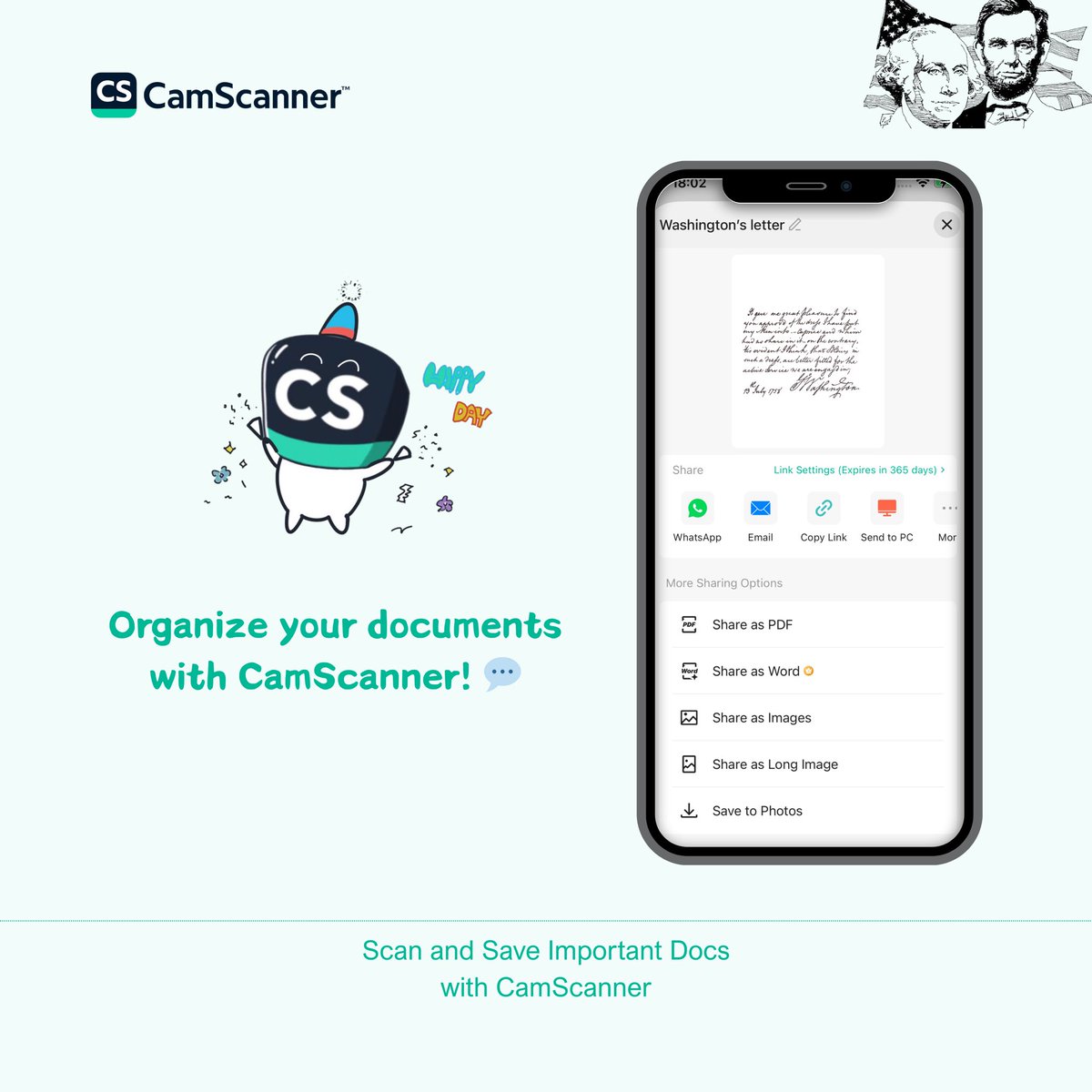 CamScanner's tweet image. From George Washington’s meticulous manuscripts to today’s digital archives. Let's celebrate Presidents' Day by organizing your files with CamScanner! #camscanner #scannerapp #saveimportantdocsincamscanner #PresidentsDay #Washington