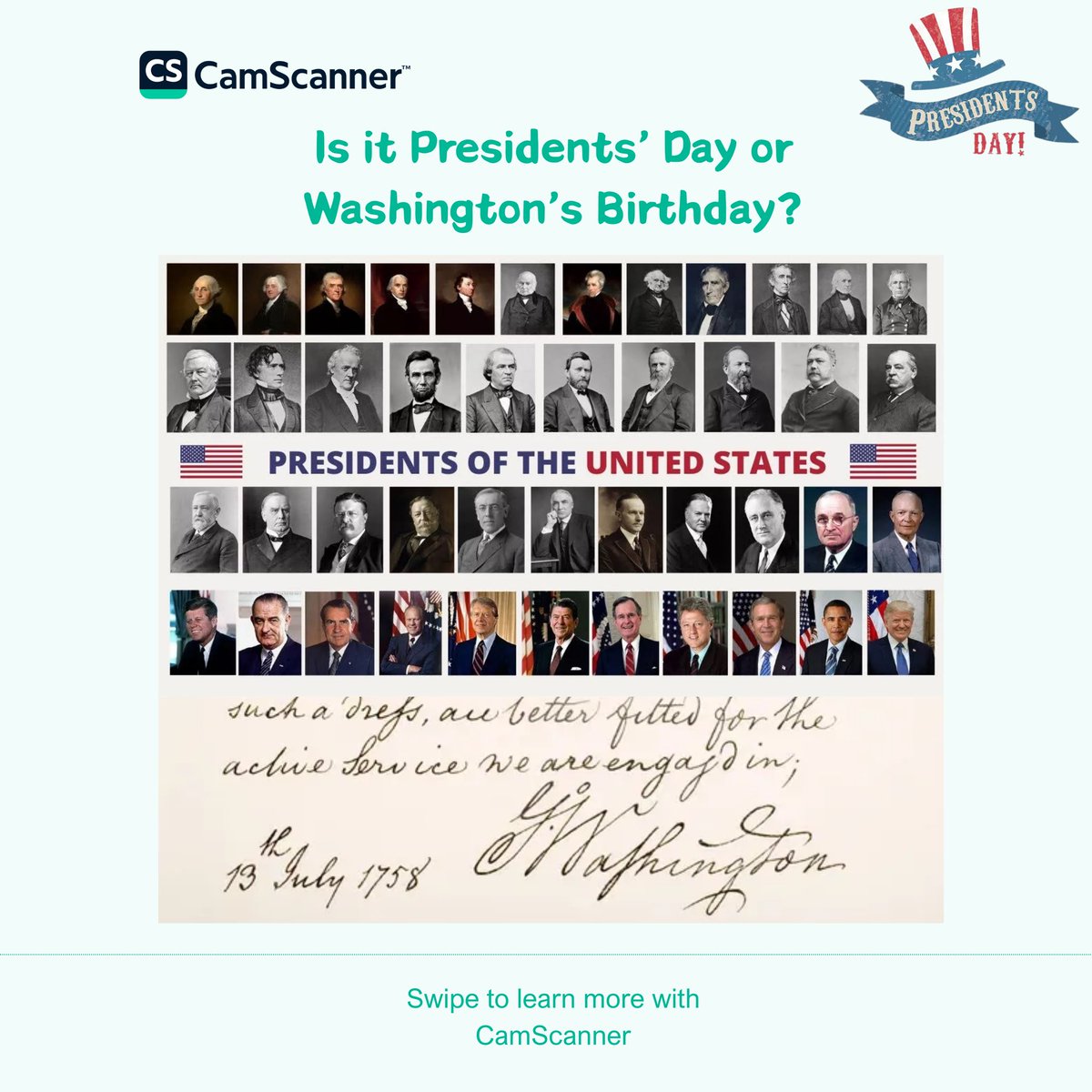 CamScanner's tweet image. From George Washington’s meticulous manuscripts to today’s digital archives. Let's celebrate Presidents' Day by organizing your files with CamScanner! #camscanner #scannerapp #saveimportantdocsincamscanner #PresidentsDay #Washington