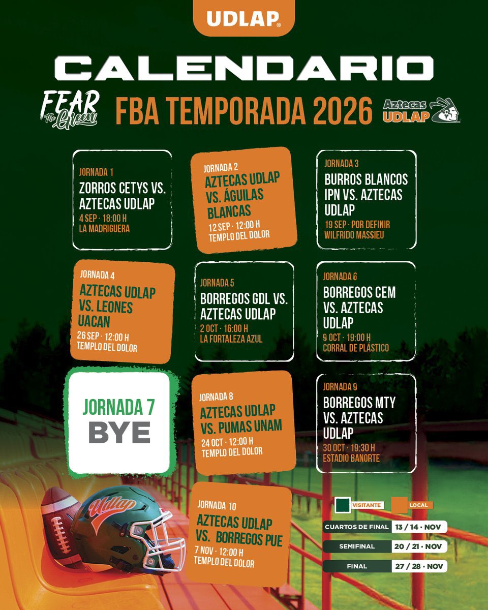 Los Aztecas UDLAP ya tienen calendario y cada jornada promete intensidad total. 🔥
Recuerda que todos los partidos de local se vivirán en vivo por <a href="/tvudlap/">TVUDLAP</a>. 
¿Cuál es el partido que más esperas?
<a href="/OnefaOficial/">ONEFA Oficial</a> 
#FearTheGreen #aztecasudlap #FBA