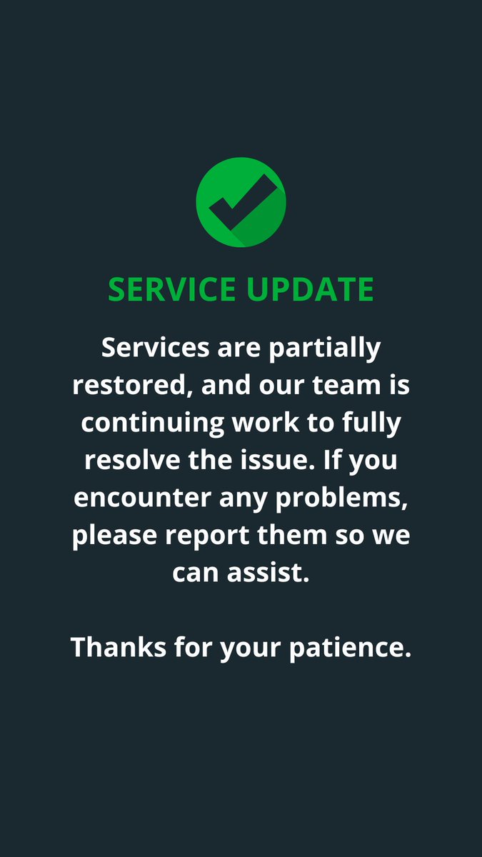 allRiDi's tweet photo. Service update
Services are partially restored, and our team is continuing work to fully resolve the issue. If you encounter any problems, please report them so we can assist.

Thanks for your patience.