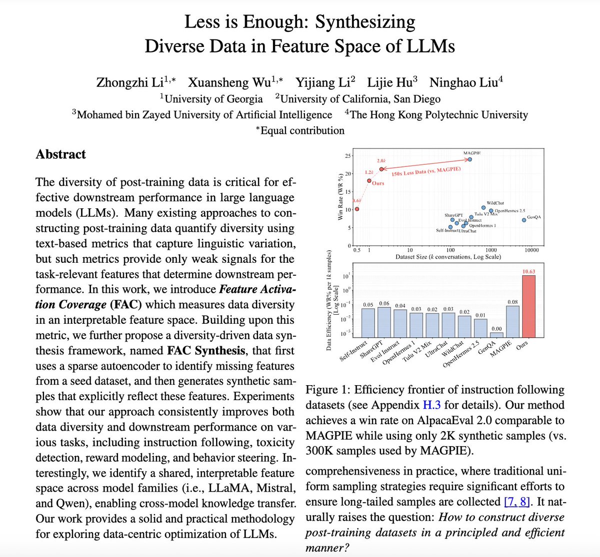 Williamiumli's tweet photo. New paper alert 🔔‼️🚨✨

Super excited to share our latest work: Less is Enough: Synthesizing Diverse Data in Feature Space of LLMs (arXiv:2602.10388) 🎉📄🧠

If you’re doing SFT / alignment / RM and “more data” feels like roulette… this is for you 🎰😵‍💫🫠

The annoying reality we show in this work is:
📚⬆️ bigger dataset ≠ 📈⬆️ better model ❌

Instead, it depends on whether your training data covers the abilities the model is currently missing 🧩🕳️✅

So the question isn’t “how much data?” 🤷‍♂️📦
It’s: what capability gaps exist, and does my data fill them? 🕳️➡️🧱🔦⚙️✨