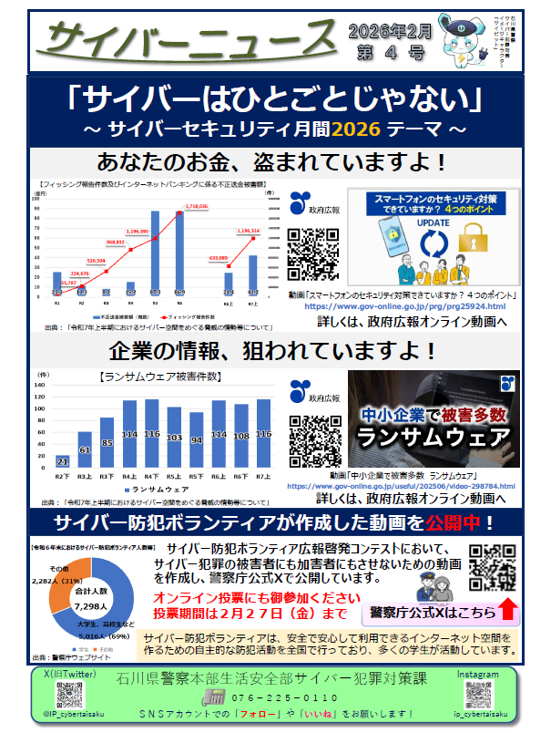 IP_cybertaisaku's tweet photo. 【サイバーはひとごとじゃない】
２月１日から３月18日までの間はサイバーセキュリティ月間です。フィッシングによるインターネットバンキングの不正送金被害やランサムウェア被害が多く発生しています。この機会にセキュリティ対策を見直しましょう！ボランティア作成動画も是非、ご覧ください。 https://t.co/m49aPw5POm