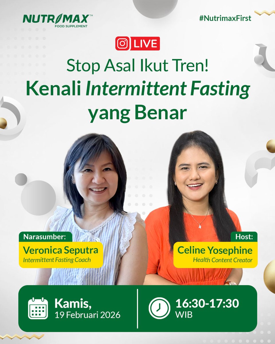 Banyak pengguna media sosial yang membagikan hasil turun berat badan dengan diet intermittent fasting. Tapi di balik tren ini, muncul juga pertanyaan, apakah aman? Kenapa ada yang berhasil, ada yang tidak?

Join IG Live Nutrimax besok sore.

FREE ENTRY: instagram.com/nutrimax_indon…