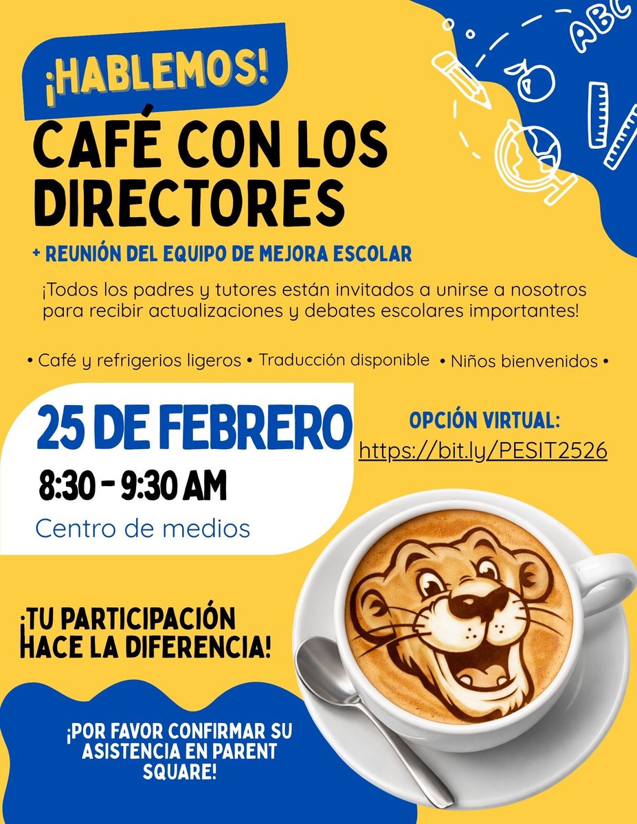PinewoodEle704's tweet photo. ☕️ Coffee with the Principals – Feb. 25 | 8:30–9:30 AM | Media Center

Join us for mid-year school updates at our School Improvement Team meeting. Coffee and light snacks provided, children welcome, and a virtual option is available.

We hope to see you there! 💙 https://t.co/8I60LYdY1h