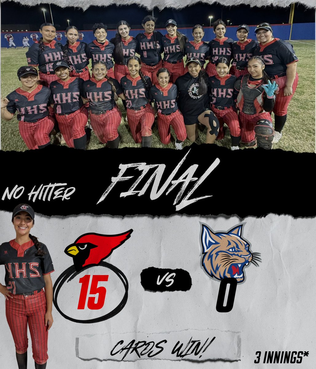 Lady Cards win big! Shout out to Jozalin Bravo for her NO HITTER performance! 4 K’s with just 9 batters faced! Lady Cards improve to 6-1!🔥