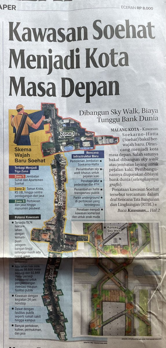 yusufgunawan's tweet photo. #MalangTambahRuwet 
#TataRuangKotaMalang 
#MetropolitanKotaMalang 

Ini sepertinya malah akan membuat kemacetan baru di sisi lain kota Malang. 

Perencanaan dg pembangunan parkir underground di pertokoan yang terintegrasi … hmmm biaya berapa yang akan dikeluarkan. Apakah akan berupa dana hibah atau pinjaman?

Belum lagi nanti kalau hujan deras apakah sdh ready pompa2 (bila ada) untuk menguras air2 di undergroundnya?

“Pelaksanaannya pun bertahap. Sama seperti Kajoetangan Heritage dulu. “Karena ini kan bagian dari visi misi kepala daerah. Akan kami wujudkan dalam masa kepemimpinan Pak Wahyu Hidayat dan Pak Ali Muthohirin. Maksimal pada 2029, penataan ini bisa selesai,” bebernya.”

Untuk tata ruang kota Malang ini harusnya selaras pembangunannya untuk masa depannya mau ke mana, bukan sebatas krn visi misi pemimpin daerahnya yg ingin begini begitu. Kesinambungan dlm pembangunan itu harus ada bukan hanya keinginan untuk membangun ini loh “legacy” saya. 

Perubahan sistem transportasi umum yg memadai & terintegrasi sampai saat ini jg belum ada wujudnya. 

Jangan berpikiran bikin spot foto 🤣🤣. Prioritasnya itu ya urai kemacetan bukan malah membuat kemacetan baru 🙏

Bikin skywalk ehh PKL merajalela ehh parkir liar di mana2. 

Skrg aja PKL di trotoar kawasan Soehat saja ya dibiarkan hehe pdhl ya jelas melanggar aturan yang ada😁😁