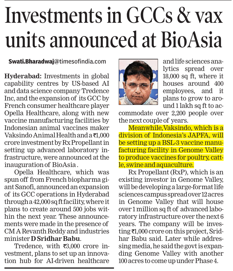 abhinavaduri9's tweet photo. At #BioAsia, #Hyderabad saw major investments:
#TredenceInc:₹3,000 cr investment in an AI healthcare innovation, ~2,200 jobs
#OpellaHealthcare: GCC expansion, ~500 jobs
#RxPropellant:₹1,000 cr investment
Vaksindo Animal Health will set up a BSL-3 vaccine plant in Genome Valley https://t.co/zCG1lKr7Ug
