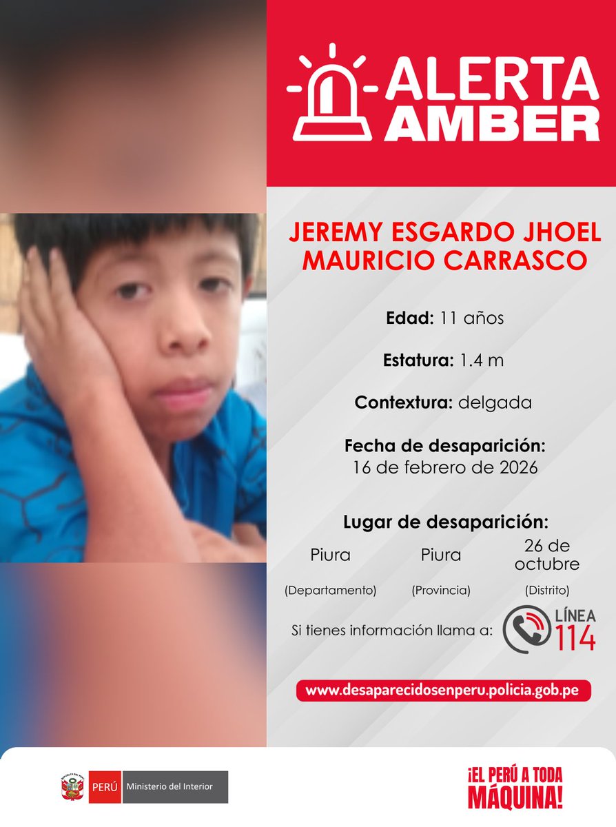 MininterPeru's tweet photo. 🚨 La @PoliciaPeru activó la #AlertaAmber ante la desaparición de los menores Gaela de la Cruz, Jeremy Mauricio, Adriana Dahua y Zoe Criollo.

📲 Si los has visto o tienes información, llama de inmediato a la #Línea114.

🔁 Comparte. Tu ayuda es clave.

#DesaparecidosEnPerú https://t.co/AAdzdpNBRp