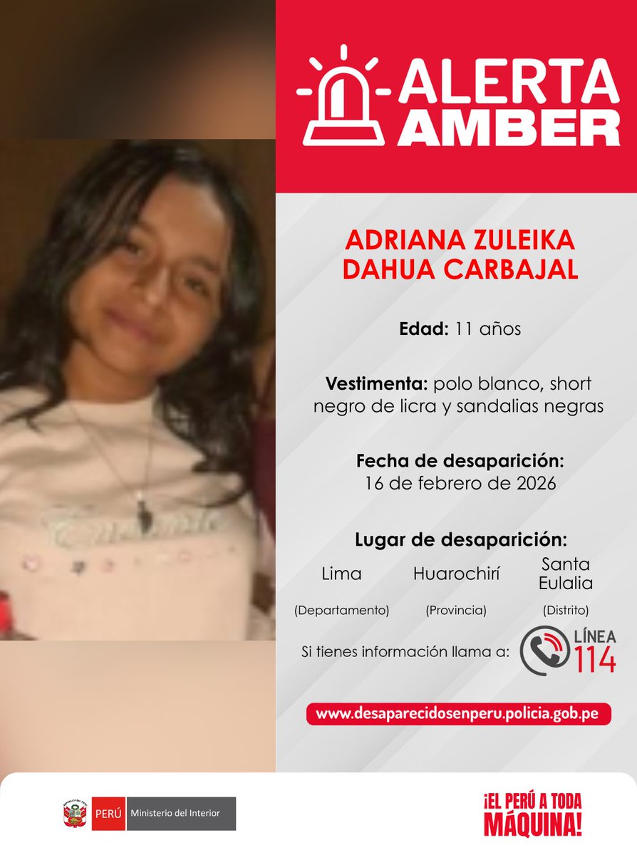 MininterPeru's tweet photo. 🚨 La @PoliciaPeru activó la #AlertaAmber ante la desaparición de los menores Gaela de la Cruz, Jeremy Mauricio, Adriana Dahua y Zoe Criollo.

📲 Si los has visto o tienes información, llama de inmediato a la #Línea114.

🔁 Comparte. Tu ayuda es clave.

#DesaparecidosEnPerú https://t.co/AAdzdpNBRp