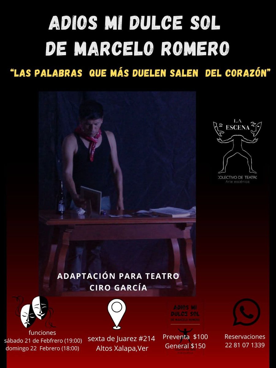 ❤️‍🔥Esta no es una obra para ver pasar el tiempo; es un encuentro con esas verdades que nos guardamos en el pecho hasta que queman.
Nos sumergiremos en un rincón de nostalgia y crudeza donde el corazón dicta el guion.🎭

#Xalapa #Veracruz 
#Somosteatro <a href="/AytoXalapa/">Ayuntamiento de Xalapa</a> <a href="/GobiernoVer/">Gobierno de Veracruz</a>
