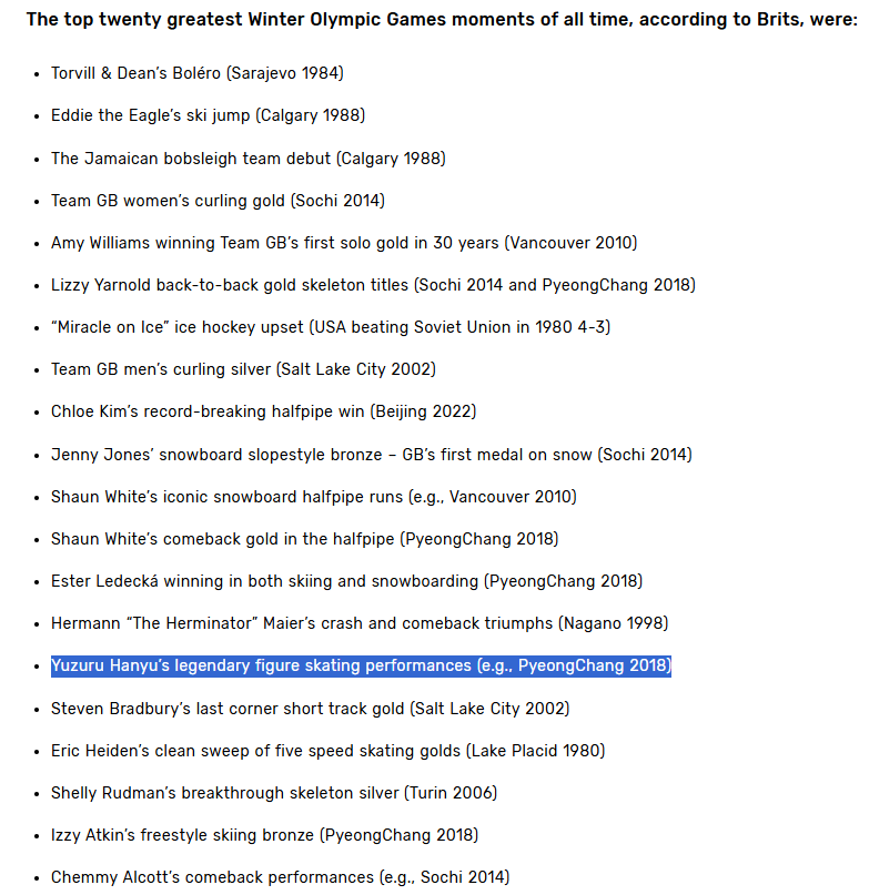20260213 Samsung UK:
“The top twenty greatest Winter Olympic Games moments of all time, according to Brits”

Yuzuru Hanyu’s legendary performance made the list, the only Asian athlete on it 🔥

🔗news.samsung.com/uk/iconic-mome…