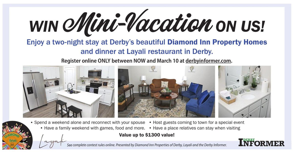 Enjoy a Mini-Vacation and you won't even have to leave Derby!  Register to win this two night stay in Derby's most impressive and comfortable Airbnb!  Plus dinner at Layali Restaurant! Register now here - tinyurl.com/hjcr8rtb