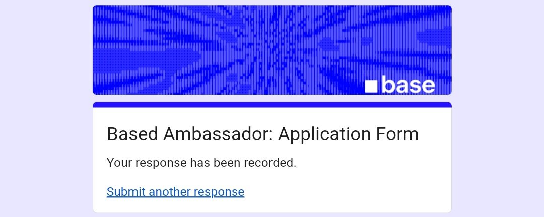 Gm <a href="/base/">Base</a> 

Finally Filled the Base Ambassador Form 😍

Let's see what happens next ...
I am very excited 🥰

Btw you can also fill -
docs.google.com/forms/d/e/1FAI…