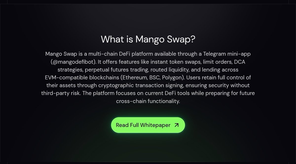 0xmangoswap's tweet photo. 1) What is Mango Swap?

• Mango Swap is a multi-chain DeFi platform available through a Telegram mini-app.

•Users Retain Full control of their assets, ensuring security without third-party risk. https://t.co/DiE5bscKvO
