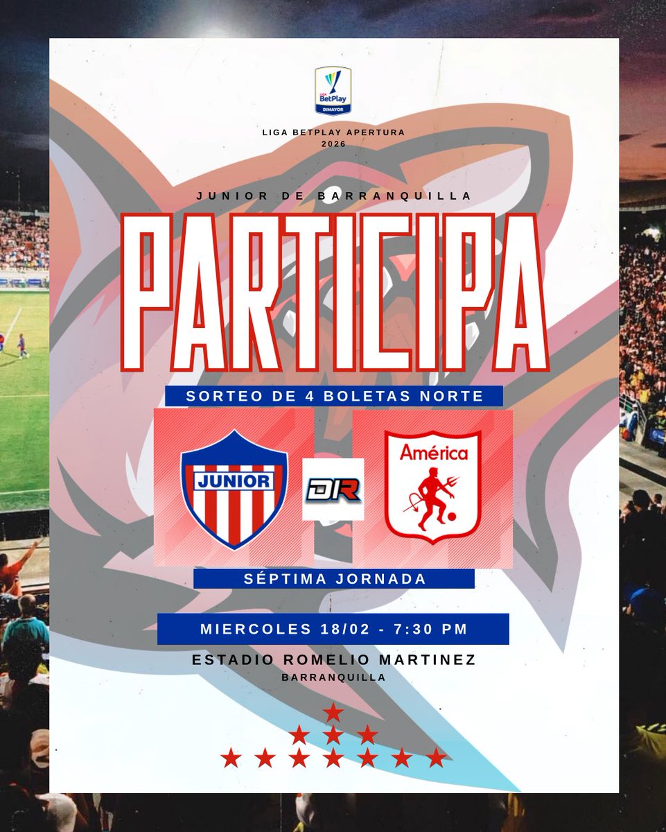 Participa para ser uno de los 4 ganadores de una 🎟️ 🎟️ 🎟️ 🎟️ GRADERÍA NORTE para ir a ver al <a href="/JuniorClubSA/">Junior FC</a> 🔴⚪️🦈 ante AMÉRICA DE CALI en el 🏟️ ROMELIO MARTÍNEZ 

🦈 Condiciones

🔹 Seguir a tu cuenta amiga <a href="/DlaRans_/">DlaRans</a> 🪬
🔹 Darle RT a la publicación…
🔸 Sorteo mañana de 🕓 4 pm a