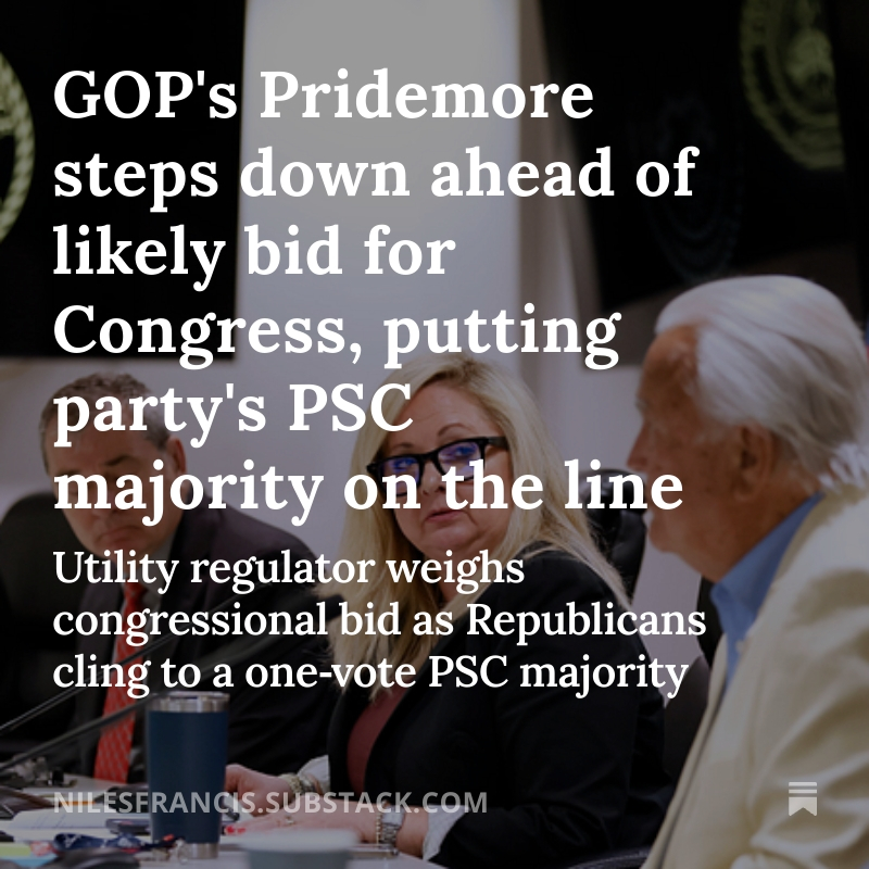 NilesGApol's tweet image. SUBSCRIBERS SAW IT FIRST: PSC member Tricia Pridemore is stepping down (likely to run for Congress in #GA11)

If Ds win her now-open seat, they’ll secure a majority in the PSC for the first time since the 90s #gapol 

MORE —&amp;gt; nilesfrancis.substack.com/p/gops-pridemo…