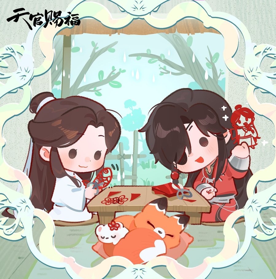 flwrxielian's tweet photo. We have new hualian art of them doing the paper cutting art! Of course Hua Cheng makes one of his wife that's so cute 😭 https://t.co/kTW4yCtYJ1