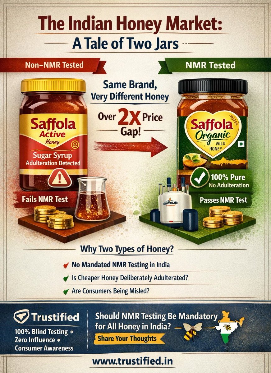🍯 We blind-tested Indian honey brands using NMR—the gold standard for detecting adulteration

The results? Shocking.

Saffola Active Honey (₹255/kg): Sugar syrup detected ❌  
Saffola Organic Honey (₹500+/500g): No adulteration ✅

Same brand. 2 types of honey. Double the