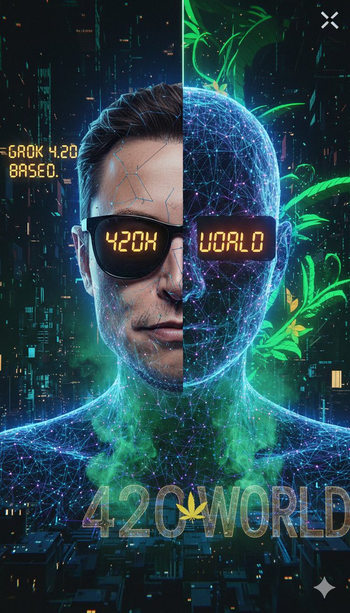 420tokenof's tweet photo. As @elonmusk says:  If Grok 4.20 is based, then 420 World is the reality he’s looking for. 🌿🤖 While others play it safe, we’re building the ecosystem where AI and freedom actually meet. Welcome to the new frontier. #420World #Grok #AI #grok #420Community https://t.co/aNuaqInmwK