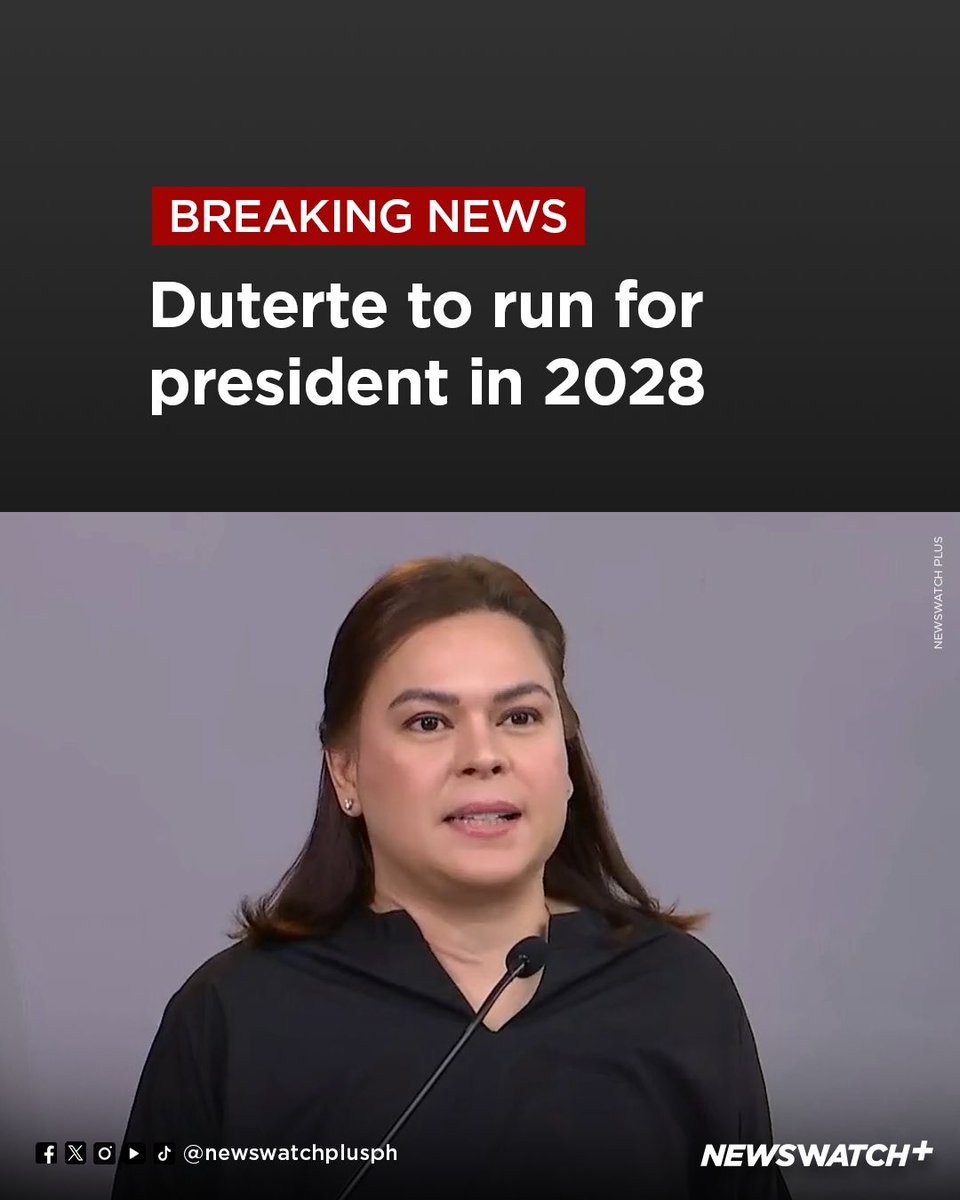 newswatchplusph's tweet image. ‘AKO SI SARA DUTERTE. TATAKBO BILANG PANGULO’

BREAKING: Vice President Sara Duterte declares her candidacy for the 2028 presidential race.

“Mga kababayan, ibalik natin ang tapang at malasakit para sa Diyos, sa bayan, at para sa bawat pamilyang Pilipino. Ako si Sara Duterte.