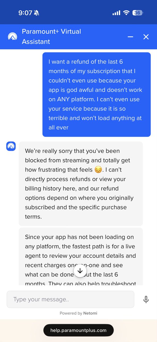 lexstafford's tweet photo. @paramountplus is a joke of a service. Your customer service sucks &amp; your app sucks. I haven’t been able to use the service for months because your app never works. Then I try to talk about it to customer service and your agent “Cerena” disconnects the chat without saying a word. https://t.co/fZssRYsVEI