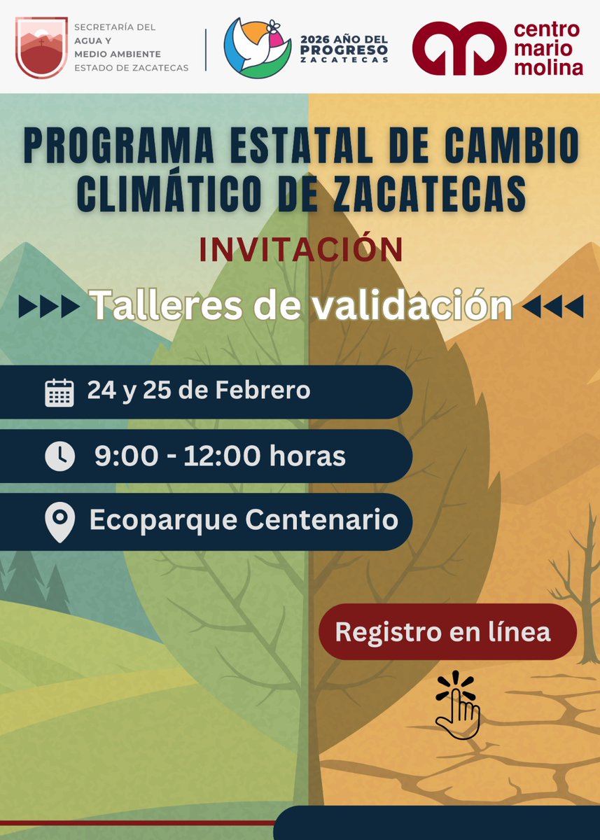 La SAMA y el Centro de Investigación Mario Molina te invitan a participar en el taller de Consulta Pública para la implementación del Programa Estatal de Cambio Climático de Zacatecas. 
Regístrate en línea ⤵️
forms.gle/uenqoEDSR3onmG…
forms.gle/5h8G7ireJWL8W8…