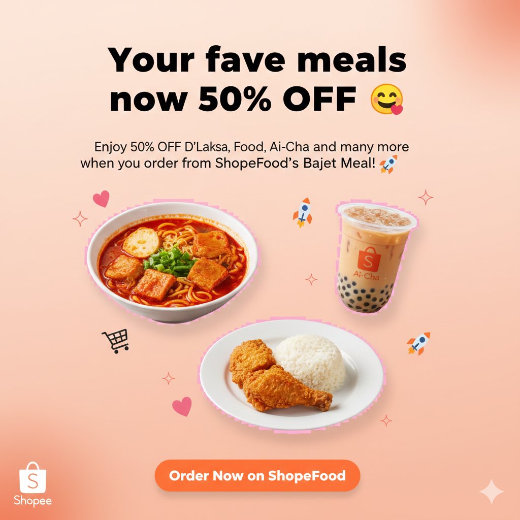 Your fave meals now 50% OFF 😋Enjoy 50% OFF D’Laksa, Kejap Food, Ai-Cha and many more when you order from ShopeeFood’s Bajet Meal! 🚀spf.shopee.com.my/2g5mOVytu6