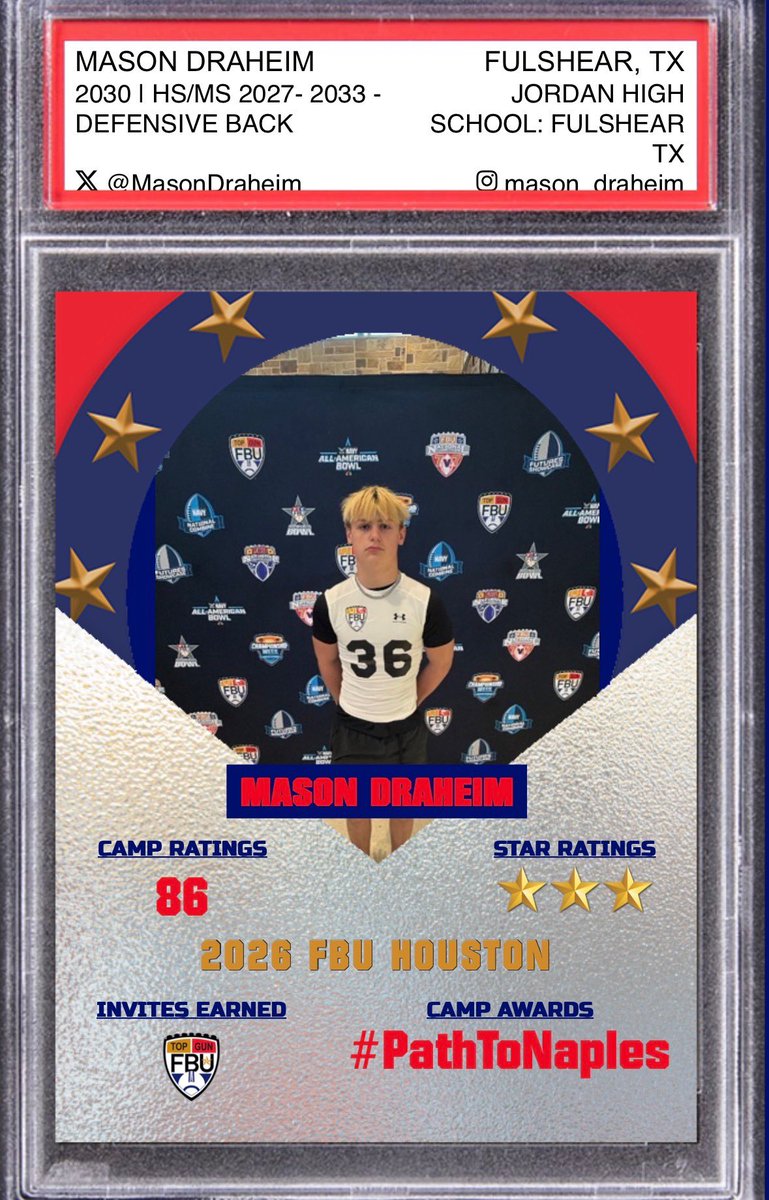 MasonDraheim's tweet photo. Big thank you to @FBUcamp for the coaching and evaluation. Honored to receive my invite to Top Gun. 

I learned a lot, but have only scratched the surface in unlocking my full potential at SS/Nickel. Can’t wait to compete with the best in the class of 2030! See you in Naples!! https://t.co/X96CLi7PKs
