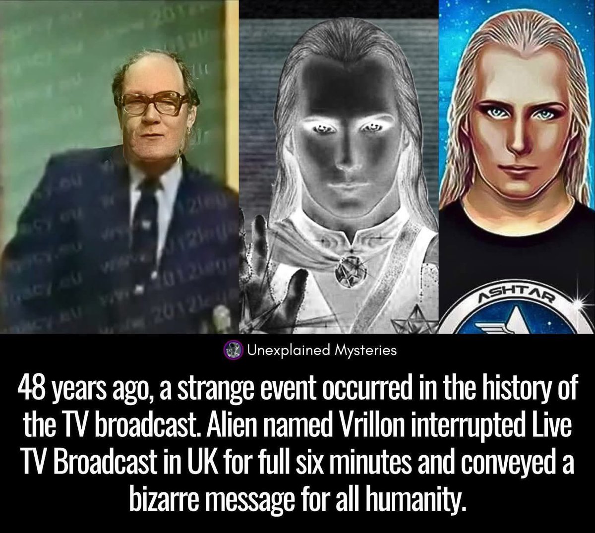 maximumpain333's tweet image. 48 years ago, a strange event occurred in the history of the TV broadcast. Alien named Vrillon interrupted Live TV Broadcast in UK for full six minutes and shared a bizarre message for all humanity.

This mysterious event that took place in England on November 26, 1977. Around 5