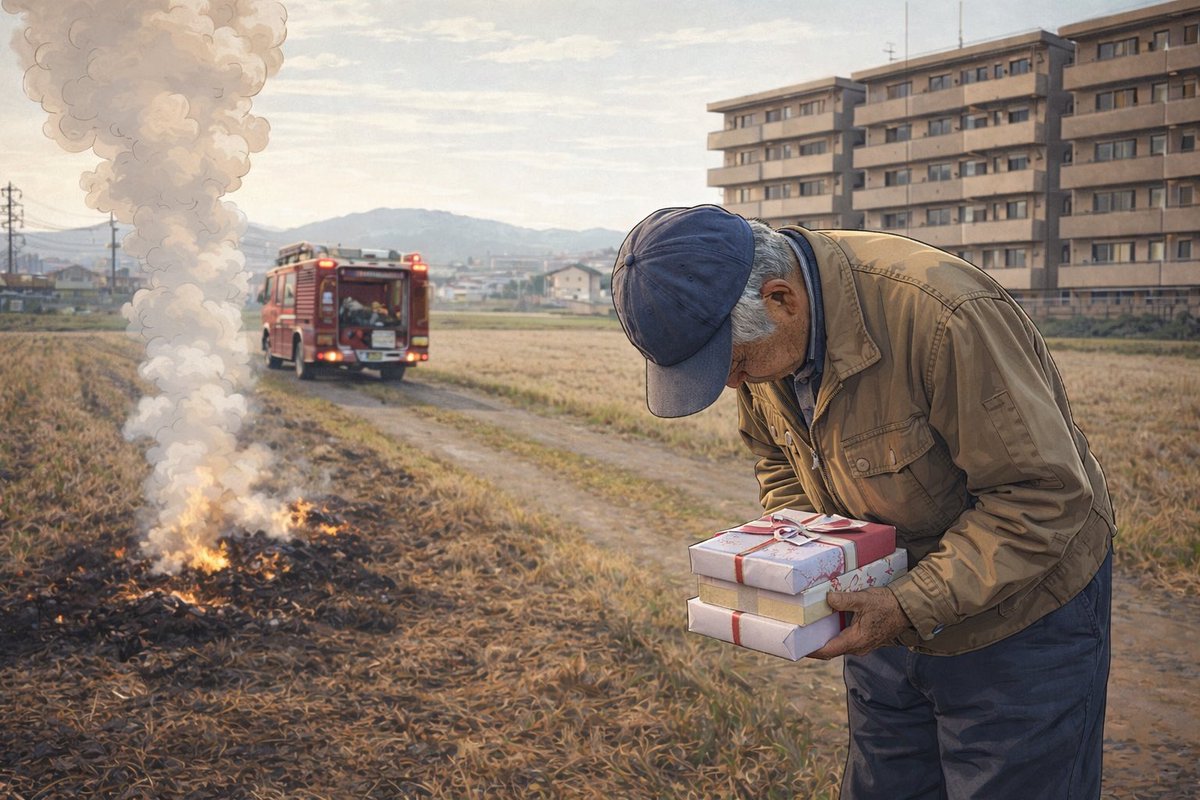 消防は帰った。
でも、農業は戻らなかった。

畑で野焼き。
近所のアパート住人が通報。
消防出動。
誤報認定。

それで終わるはずだった。

でも——

お爺さんは
「迷惑をかけた」と
管轄の消防団すべてに菓子折りを持って謝罪した。

通報した人は言った。
「これで懲りるだろ」と。