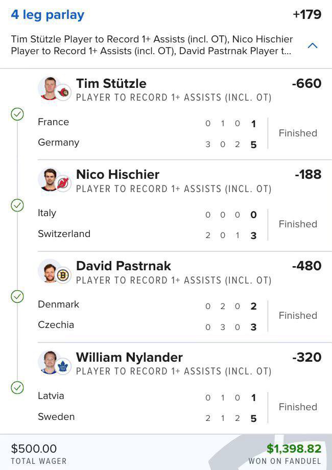 BASE CASHED ✅💰

$500 ➡️ $1,398.82

✅ Hischier 1+ assist
✅ Stützle 1+ assist
✅ Pastrnak 1+ assist
✅ Nylander 1+ assist

Playmakers really farmed all day 😈🔥