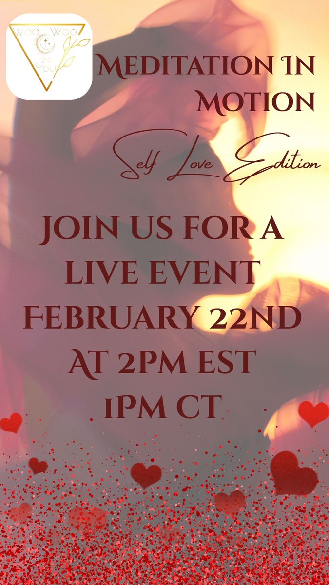 TheWooWooInYou's tweet photo. Online Meditation In Motion Session Self-Love Edition February 22nd at 2pm EST

See details at https://t.co/hOA9PrAUev

#meditation #somaticmovement #mindbody #woowoo https://t.co/i9vqujDCuS