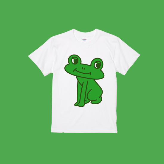 流し目をしてるカエルさんのデザインTシャツです。 緑色が濃いですね