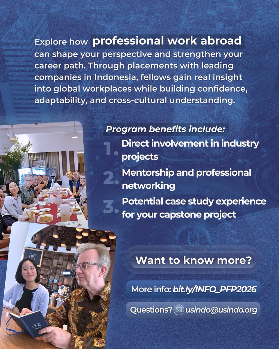 Build international experience through guided placements, professional mentorship, and real-world projects in Indonesia. Strengthen your skills, expand your network, and grow with confidence. 

🗓️ Apply by Feb 28, 2026: bit.ly/USINDO_PFP2026

#Fellowship #GlobalCareers #USINDO