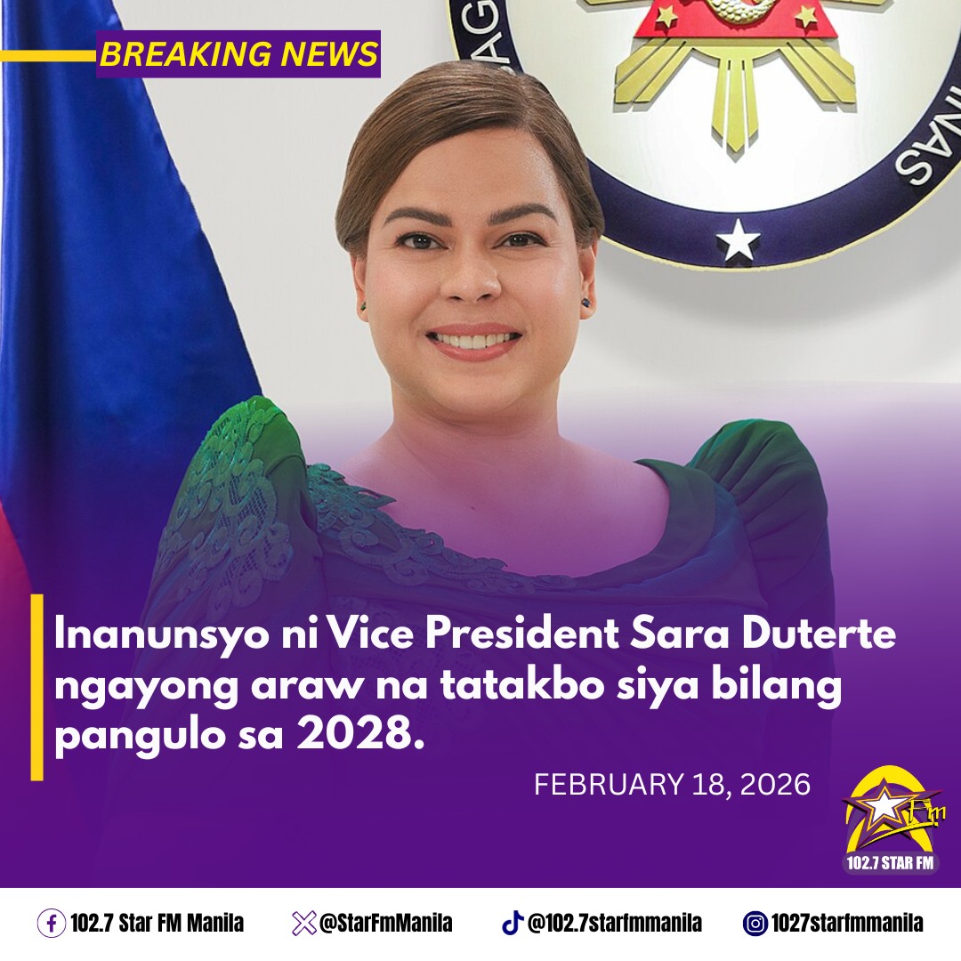 𝐒𝐀𝐑𝐀 𝐅𝐎𝐑 𝐏𝐑𝐄𝐒𝐈𝐃𝐄𝐍𝐓 𝐒𝐀 𝟐𝟎𝟐𝟖?

BREAKING NEWS: Sa kanyang press conference ngayong araw, Pebrero 18, inanunsyo ni Vice President Sara Duterte na tatakbo siya bilang pangulo sa 2028.

#BomboRadyoPhilippines
#1027StarFMManila
#StarNation