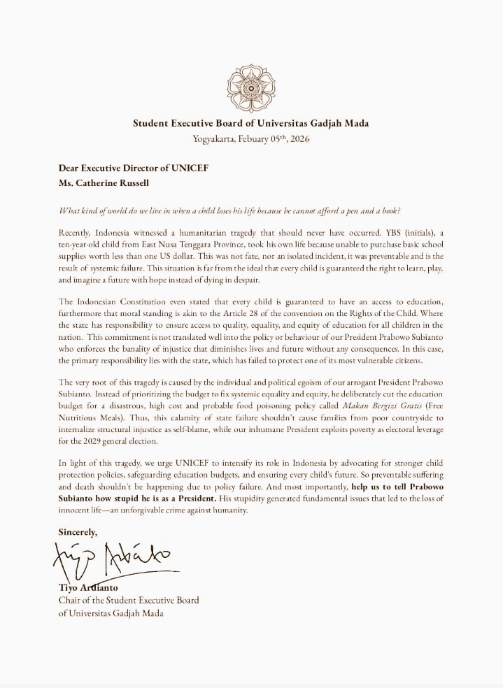 ketua BEM <a href="/UGMYogyakarta/">UGM</a>, dapat teror. kemudian dibela oleh rektor UII, lalu <a href="/mohmahfudmd/">Mahfud MD</a> (dosen UGM &amp; UII).

saya kira,  <a href="/DivHumas_Polri/">Humas Polri</a> lewat Polda DIY, harus aktif turun. melindungi ketua BEM UGM.

saya rangkumkan, rincian keluhan bem ugm kepada unicef.

1). Ada anak 10 tahun