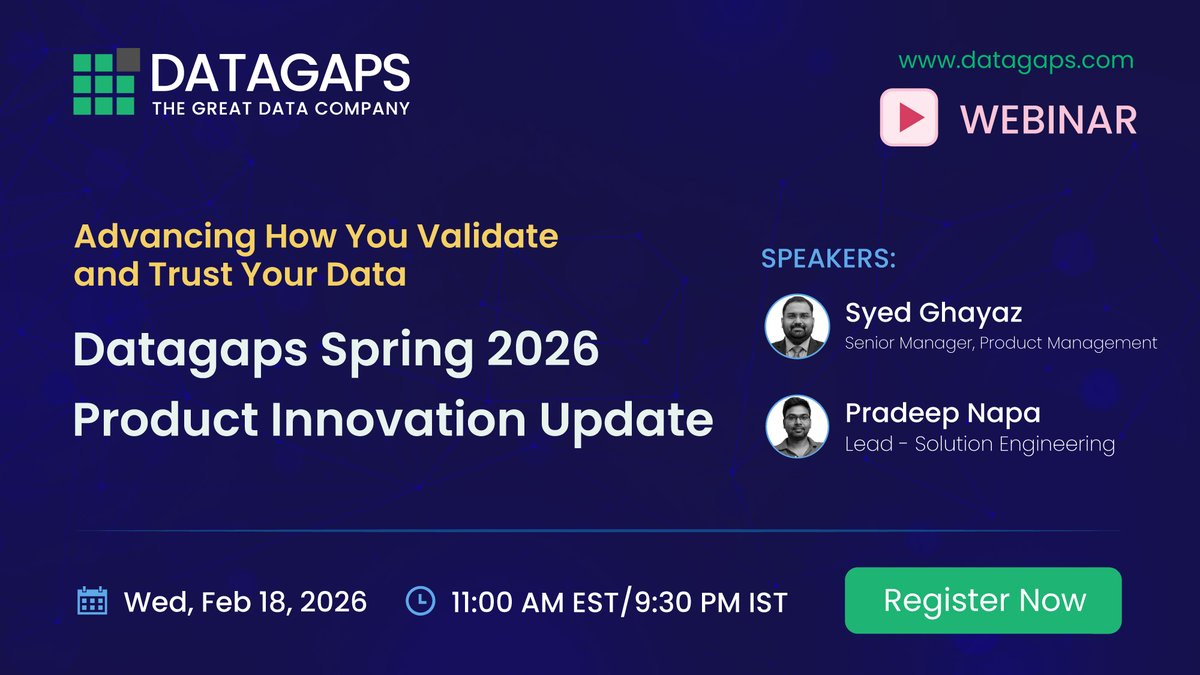 DatagapsTeam's tweet photo. Few hours left!!
Join the Datagaps Spring 2026 Product Innovation Update Webinar to explore new capabilities. https://t.co/SXJm2UJG6r
@DatagapsTeam #DataOps #PipelineTesting #BIValidation #TestingAutomation https://t.co/QHuqhJNZa2
