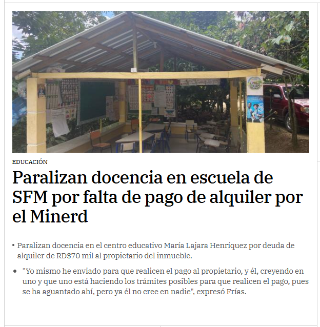 brandingpol's tweet photo. Paralizan docencia en el centro educativo María Lajara Henríquez por deuda de alquiler de RD$70 mil al propietario del inmueble. https://t.co/W9hdK6SQsA