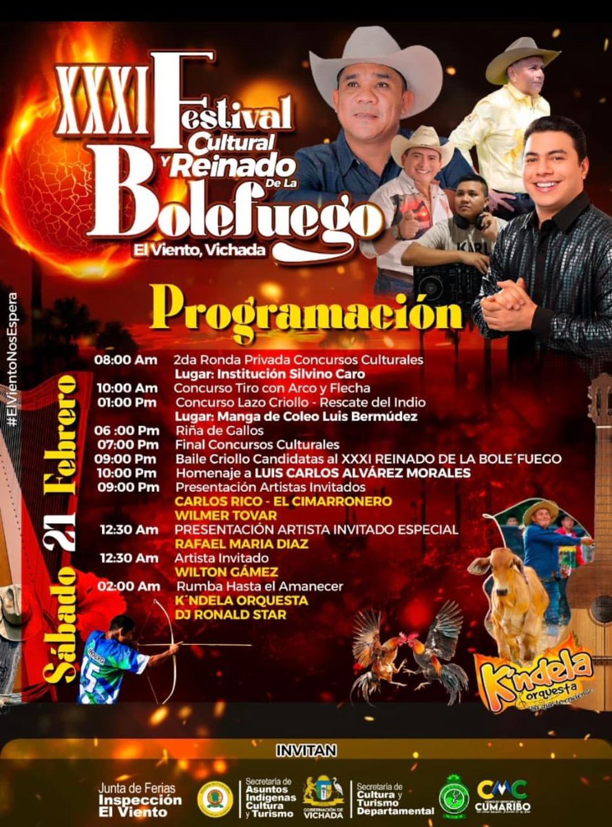 Mi gente de📍El Viento - Vichada, Este 21 de Febrero Tengo el honor de acompañarlos en esta gran celebración del llano y de nuestras raíces. Será una noche para cantar, sentir y compartir con toda mi gente linda del Vichada. 

Celebrando la cultura, la tradición y la música en el