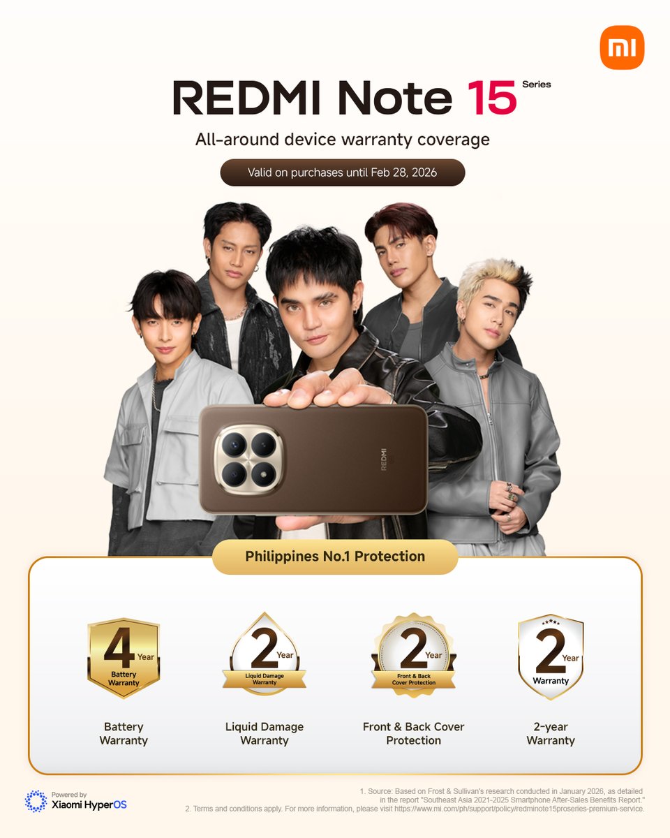 Xiaomi_PH's tweet photo. Built strong. Backed stronger. 🔒

Enjoy 4-Year Battery Warranty, 2-Year Liquid Damage Warranty, Front &amp; Back Cover Protection, and 2-Year Warranty with the #REDMINote15Series 

Valid on purchases until Feb 28, 2026.

Learn more here: https://t.co/WxQgF1MkYJ https://t.co/0vMLD6CUJp