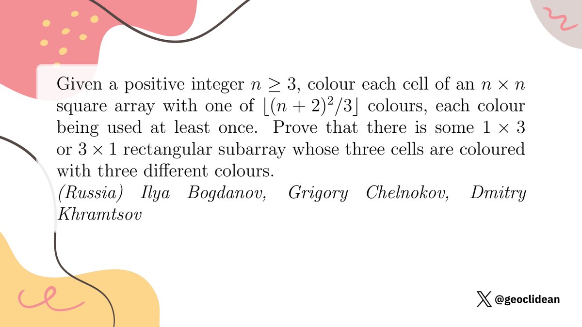 geoclidean's tweet photo. A 1 x 3 or 3 x 1 array with three different colours
#FloorFunction #CeilingFunction #Geometry #Rectangle #CombinatoricsProposed #Combinatorics #DoubleCounting https://t.co/nncJNZEsc2