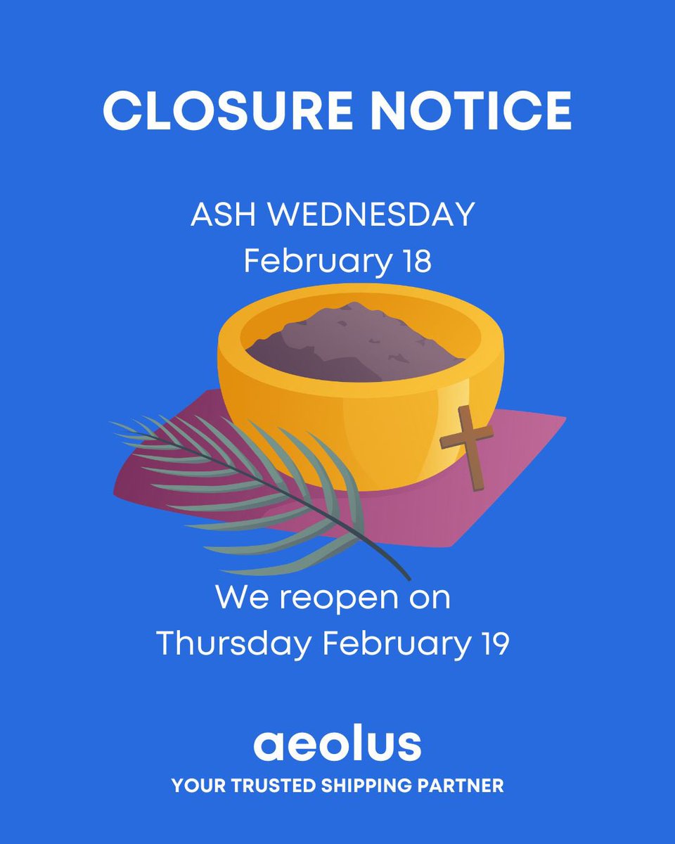 AeolusShipping's tweet photo. Closed for Ash Wednesday. https://t.co/WzxNNXi50k